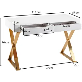Wohnling Schreibtishc 118 cm weiß hochglanz Schreibtisch weiß rechteckig, X-Fuß-Gestell gold 118,0 x 57,0 cm