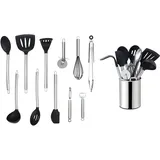 Echtwerk Küchenuntensilien, 12-teiliges Küchenhelfer-Set, Küchenzubehör, Kochbesteck mit Edelstahlgriff, Kochset mit Utensilienhalter, Kochzubehör, Antihaft Silikon Haushaltshelfer, Silber-Edition