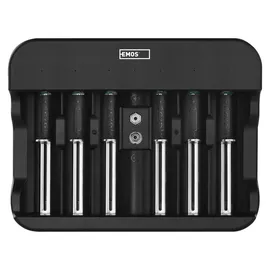 EMOS Akku-Ladegerät NiMH, NiCd für 6 Akkus, Schnell-Ladegerät 500 mA, für 1-6x AAA, AA, C, D, 9 V aufladbare Batterien, inkl. USB-C Kabel, Akkuschutz, Sicherheitsfunktionen