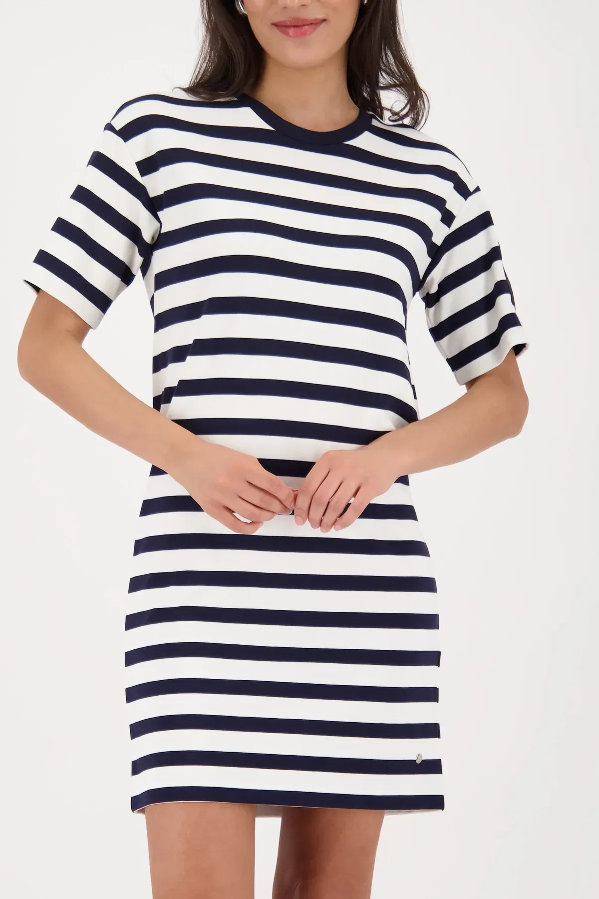 Sweatkleid MONARI, Damen, Gr. 36, N-Gr, marine ger, Web, Obermaterial: 83% Viskose, 14% Polyester, 3% Elasthan, gestreift, regular fit ca. Mitte Oberschenkel, Rundhals, eingesetzt abgesteppte Kante, Kleider Sweatkleid, Regular fit mit Streifen