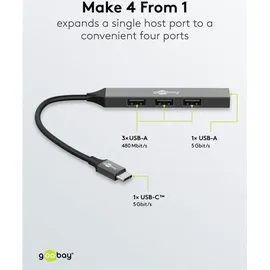 goobay Slim 4-Port USB-Hub, USB-CTM auf USB-A, USB 3.2 - USB-CTM-Stecker (USB 3.2) > 1x USB-A-Buchse (USB 3.2), 3x USB-A-Buchse (USB 2.0)