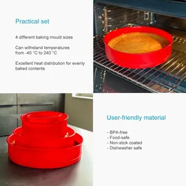 Intirilife 4-teiliges Set Silikon in Rot - 10 cm 16.3 cm 19.8 cm 25 cm - Zum Backen von Torten Kuchen