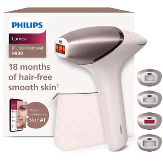 Philips Lumea 9900 Series, IPL-Haarentfernungsgerät, Alternative zur Laserhaarentfernung, SenseIQ und SkinAI Technologie, 4 Aufsätze für Körper, Gesicht, Bikinizone, Akku- und Netzbetrieb, BRI951/00