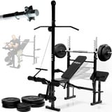 Physionics® Hantelbank mit Langhantel - Ablage, 40/70/100kg Gewichten, Butterfly, Beinstrecker, Curlbank, Latzug, 140/165cm, Multifunktional - Trainingsbank, Fitnessstation (70kg Gewichte+Langhantel)