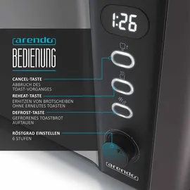 Arendo Toaster 2 Scheiben, Langschlitztoaster, Langschlitz, Edelstahl, 1000W, Display mit Restzeitanzeige, Brötchenaufsatz, Defrost Funktion, Wärmeisolierendes Gehäuse, Grau-Rose - Grau/Silber