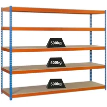 Proregal Schwerlastregal Wood Beast Five HxBxT 200 x 210 x 75 cm 5 Ebenen Fachlast 500 kg Blau-Orange