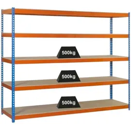 Proregal Schwerlastregal Wood Beast Five HxBxT 200 x 210 x 75 cm 5 Ebenen Fachlast 500 kg Blau-Orange
