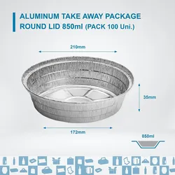 Set von 100 Aluminiumschalen mit Deckel für Lebensmittel, Einweg, 850 ml - Perfekte Verpackung für Grillfeste, Transport von Lebensmitteln