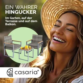 CASARIA Gartenmöbel Polyrattan Set Holz Akazie Wetterfest 2 Stühle Tisch Auflagen 160kg Belastbarkeit Verstellbar Terrasse Balkon Möbel Lounge Grau