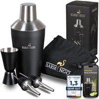 BARMINGO® Cocktail Shaker Set 5tlg. – 500ml Edelstahl Cocktail Shaker mit Bar Zubehör, Cocktail Set | Cocktailshaker Set | Barkeeper Set | Cocktail Mix Set | Bar Set | Geschenkset | Schwarz & Silber