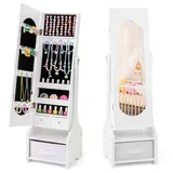 COSTWAY Kinder Schmuckschrank, 3 in 1 Spiegelschrank neigbar mit Ganzkörperspiegel & Aufbewahrungskorb, Schmuck-Organizer in Kronenform für Kinder ab 3 Jahren (Weiß)