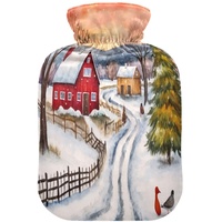 Wärmflasche mit Bezug für Weihnachten, Winter, verschneit, Bauernhaus, Malerei, Wärmflasche mit Bezug, Wärmflaschen zur Schmerzlinderung, warmer Wasserbeutel, Warmwasser-Bettwärmer für heiße und kalte
