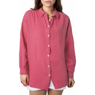Sublevel Langarm Musselin Bluse mit Kentkragen - Damen Muselin Oversize Bluse, Baumwolle, Knopfleiste in verschienden Farben pink S/M - S-M
