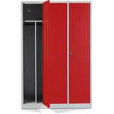 Schrank & Stuhl Spind – Metallspind mit 3 Abteilen in 180 x 120 x 50 cm, inkl. Hutboden, Trennwand und Drehriegelverschlüssen, Lieferung komplett montiert, Grau/Rot