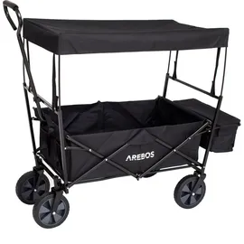 Arebos Bollerwagen faltbar schwarz inkl. 2 Netztaschen und Außentasche