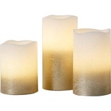 Lights4fun 3er Set LED Echtwachs Kerzen warmweiß flackernd gold Timer batteriebetrieben Muttertagsgeschenk Kerze