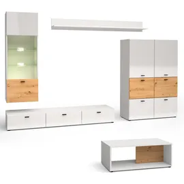 Feldmann-Wohnen Wohnwand, Weiß Hochglanz, Braun, Holzwerkstoff, 11 Fächer, 1 Schubladen, Rechteckig, 300x144x60 cm, Wohnzimmer, Wohnwände, Anbauwände