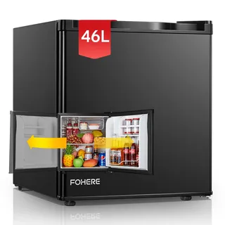 FOHERE Mini Kühlschrank 46L mit Eisfach | Kühlschrank Klein | Temperaturregelung, Energiesparend, Leise | Getränkekühlschrank Ideal für Büro, Camping und Gaming |Wechselbarer Türanschlag | Schwarz