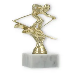 Pokal Kunststofffigur Ski Abfahrt gold auf weißem Marmorsockel 14,6cm