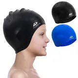 Alepo 2 Pack Badekappe Kinder Mädchen Jungen, Bademütze Langlebige Silikon Badekappe mit 3D-Ohrenschutz für Kleinkinder, schwimmkappe Lange Haare im Alter von 3–15 Jahren, Nasenclip-Schwarz Blau