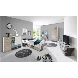 Lomadox Jugendzimmer Set mit Bett 90x200 cm 6-teilig mit Kleiderschrank LEEDS-10 in Sandeiche Nb. mit weiß, Lava und Denim Blau