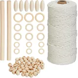 Relaxdays Makramee Set, 73-TLG. Bastelset mit Holzperlen & Holzringen, 109 m Baumwollgarn 3mm, für Anfänger, weiß/Natur