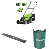 Greenworks 40V Kabelloser Akku Rasenmäher, 35 cm Schnittbreite,40 V 2Ah-Akkus und Ladegerät-G40LM35K2X + Greenworks Tools Original 35cm Ersatzmesser + Greenworks Tools 120l Gartenabfallsack