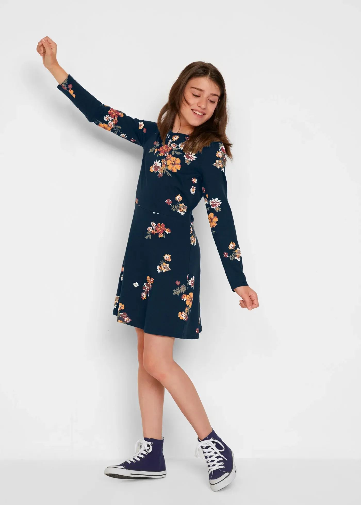 Jerseykleid BONPRIX, Mädchen, Gr. 152/158, N-Gr, blau (dunkelblau geblümt), Obermaterial: 100% Baumwolle, regular fit, Kleider Jerseykleid, für Alltag, aus Baumwolle, Regular Fit, mit schwingendem Rockteil