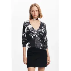Desigual für Damen. 24WWJF61 Bedruckter Strickpullover schwarze Texte (S), Lässig, Viskose, Langarm