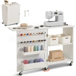 Vevor klappbarer Nähtisch Mehrzweck Nähmaschinentisch mit Rollen & Regalen & Ablagefächern & Holzstiften & magnetischen Türen, Nähmaschine weiß (1170 x 400 x 778 mm)