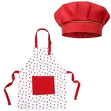 SLAXJNE 1 Stück Erdbeer-Kinderschürze Mit 1 Stück Kinder-Kochmütze, Anti-Flecken-Schürze, Neckholder-Schürze, Schürze Mit Taschen, Küchen-Backschürze, Kinder-Kochset
