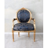 Sessel Barock Palazzo Stuhl Antik Barockstuhl Holzstuhl Gold Polsterstuhl Blau