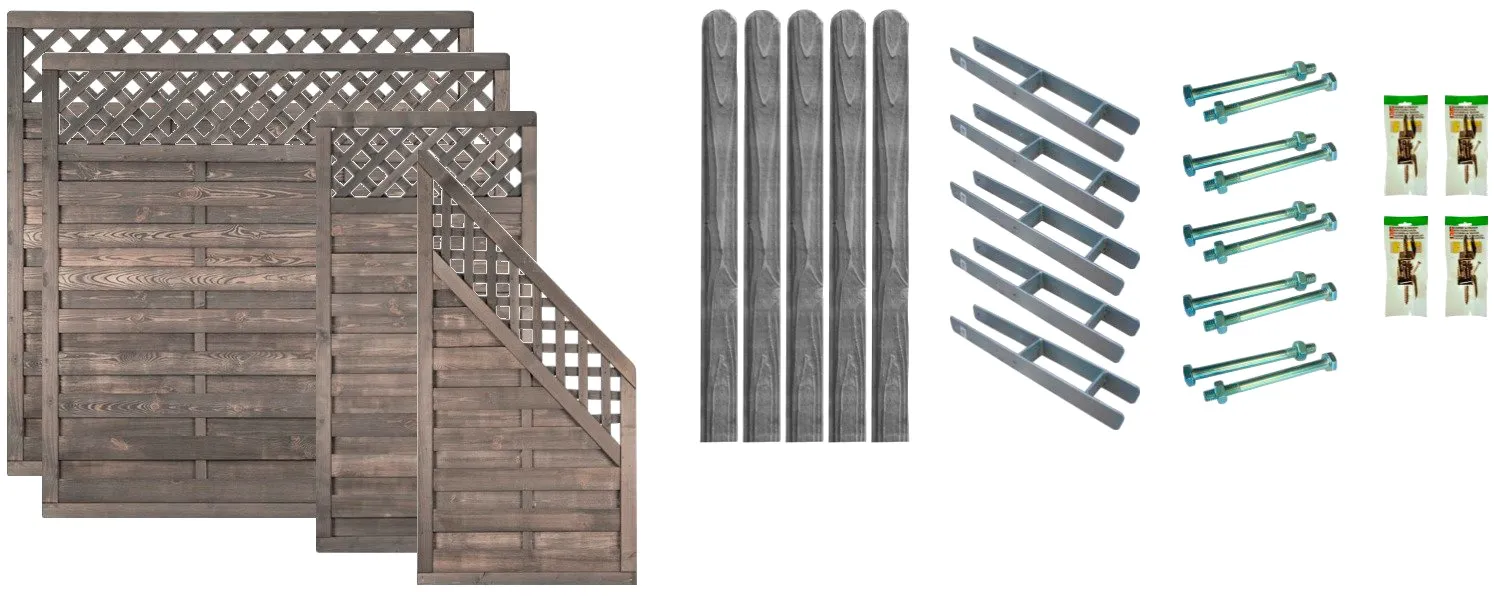 Dichtzaun TETZNER & JENTZSCH "Boston 1", bunt (grau, silberfarben), H:180cm, Holz, Stahl, Zaunelemente, 4 Elemente, LxH: 585x180 cm