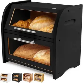 Brotkasten Akazie Holz Belüftung Sichtfenster 2 Regale Bamboo Black