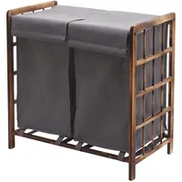 Mendler Wäschesammler HWC-B60, Laundry Wäschebox Wäschekorb, Massiv-Holz 2 Fächer 60x60x33cm 68l ~ braun, Bezug grau