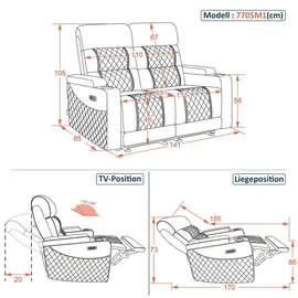 MCombo M MCombo 2 Sitzer Sofa mit Schlaffunktion, mit verstellbare Kopfstütze, Kinosessel, Armlehnen-Aufbewahrung & LED Beleuchtung, 7705 (Schwarz)