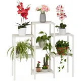 Relaxdays Blumenregal Holz, 7 Ablagen f. Pflanzen, dekorative Blumentreppe f. Indoor, stehend, 86,5 x 95 x 29,5 cm, weiß