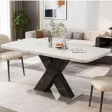 MODFU Esstisch Ausziehbar Rechteckig Marmoroptik X Gestell mit Metallfuß Für Esszimmer Geeignet für Küche oder Esszimmer Weiß - Weiß/Schwarz