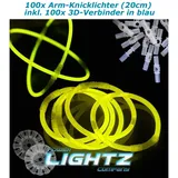 Power Lightz 100 Stück 20cm Knicklichter/Armbänder inkl. 100 x 3D-Verbinder, 2 x Ball- und Flexverbinder in Gelb für Party, Disco, Festival oder Fasching