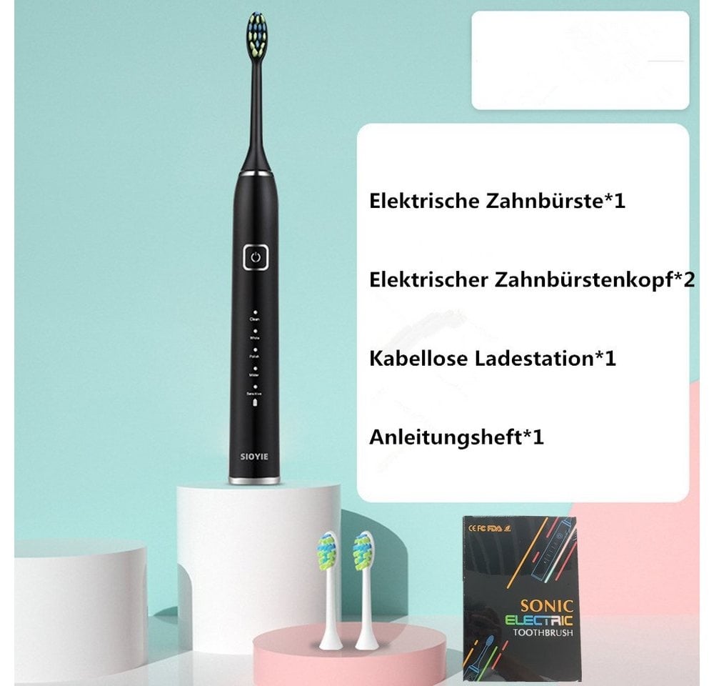 Preisvergleich Produktbild XDeer Zahnbürste Elektrische Zahnbürste Schallzahnbürste - Reise Zahnbürsten, Elektrisch,Schall Electric Toothbrush Mit 2 köpfe, 5 modi,Timer schwarz