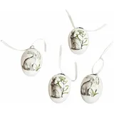 Loberon Osterei 4er Set Finna, charmanter Nostalgie-Look, handbemalt, Hasen-Print, mit Aufhängung, Dekoration, Ostern, Osterdeko, Ostereier, Polyresin, Polyester, weiß/grau