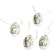 Loberon Osterei 4er Set Finna, charmanter Nostalgie-Look, handbemalt, Hasen-Print, mit Aufhängung, Dekoration, Ostern, Osterdeko, Ostereier, Polyresin, Polyester, weiß/grau