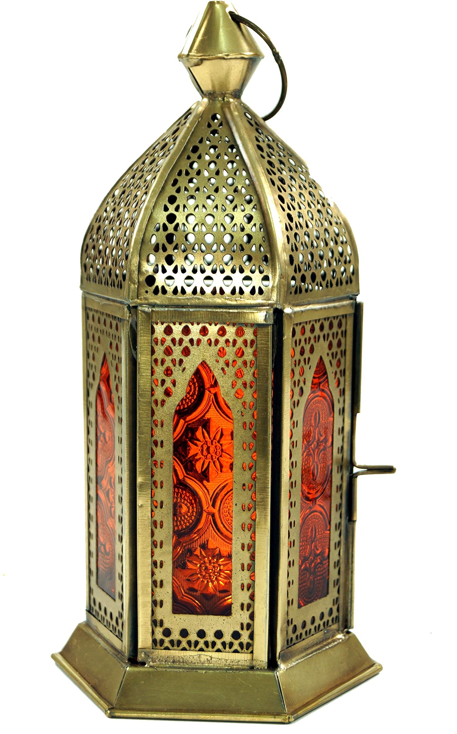 GURU SHOP Orientalische Metall/Glas Laterne in Marrokanischem Design, Windlicht, Orange, Farbe: Orange, 21x9,5x9,5 cm, Orientalische Laternen
