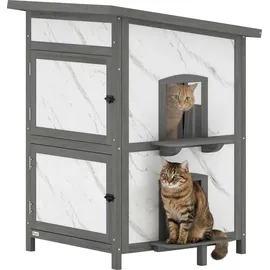PawHut Katzenhaus aus Holz, 2-stöckiges Outdoor Isolierte Katzenhütte mit Fenster Türen