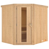 Woodfeeling Karibu Sauna Lilja - 68 mm Systemsauna - 230 Volt Plug & Play-Ohne Ofen-Ohne Dachkranz- Energiesparende Saunatür inkl. 8-teiligem gratis Zubehörpaket (Gesamtwert 191,92€)