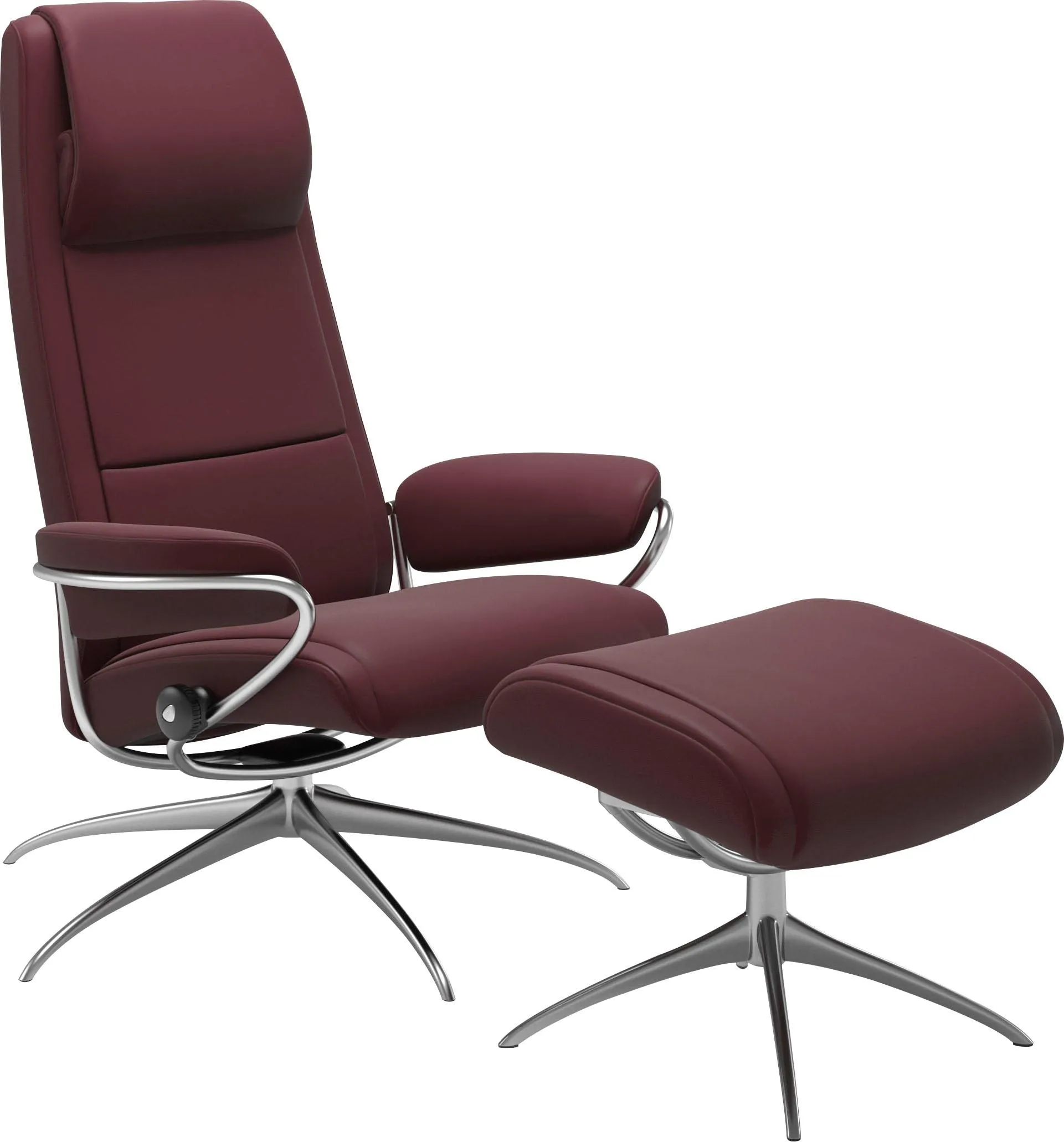 Relaxsessel STRESSLESS "Paris", rot (bordeaux batick), B:80cm H:110cm T:74cm, Leder BATICK: BATICK ist ein leicht korrigiertes, durchgefärbtes und genarbtes Möbelleder, bei dem die meisten Unebenheiten und Spuren in der Regel entfernt wurden., Leder PALOMA: PALOMA ist ein durchgefärbtes Semianilin-Möbelleder mit natürlicher Narbung. ROHLEDER Stoff Q2 FARON: Ein fester zuverlässiger Bouclu00e9 mit einem strukturierten Aussehen und einer komfortablen Oberfläche (100% Polyester im Flor, Grundgewebe: 50% Polyester, 50% Polyacryl), ROHLEDER Stoff Q2 FARON: Ein fester zuverlässiger Bouclu00e9 mit einem strukturierten Aussehen und einer komfortablen Oberfläche (100% Polyester im Flor, Grundgewebe: 50% Polyester, 50% Polyacryl), Struktur fein JASMINE (90% Polyester, 10% Baumwolle), Sessel, mit Hocker, High Back, mit Star Base, Gestell Chrom