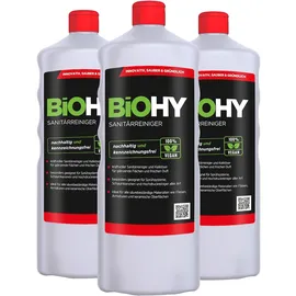 BIOHY Sanitärreiniger (3x1l Flasche) | Kalkzersetzendes Konzentrat für den Sanitärbereich | Badreiniger mit angenehme | frischen Duft | EXTRA STARK