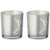 Edzard 2er-Set Teelichtglas Ati (Höhe 8 cm, grau, Geweih-Motiv