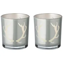Edzard 2er-Set Teelichtglas Ati (Höhe 8 cm, grau, Geweih-Motiv