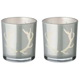 Edzard 2er-Set Teelichtglas Ati (Höhe 8 cm, grau, Geweih-Motiv